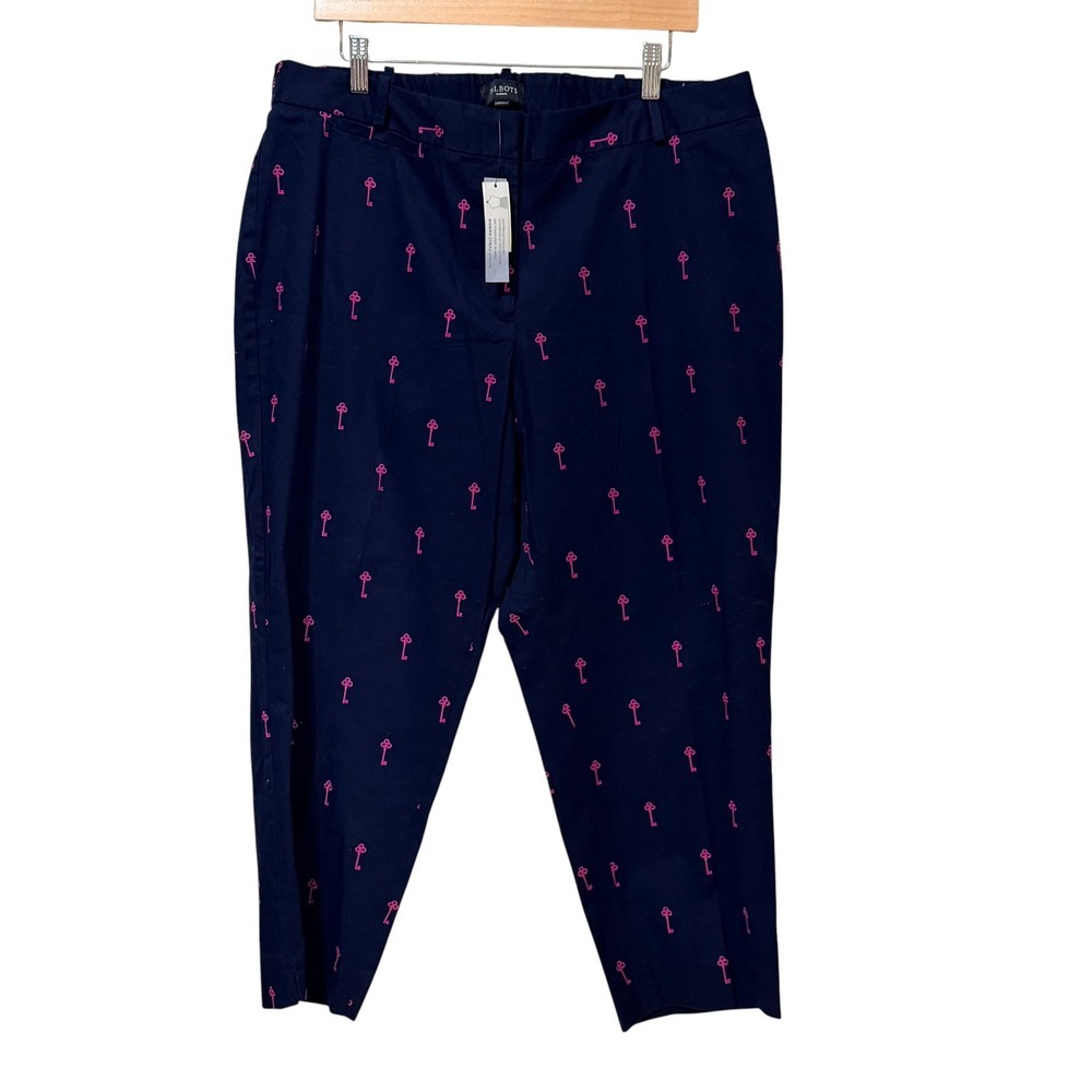 Talbots Woman Curvy Fit Ankle Pants Navy Pink Skeleton Key Embroidery 16W NWT
